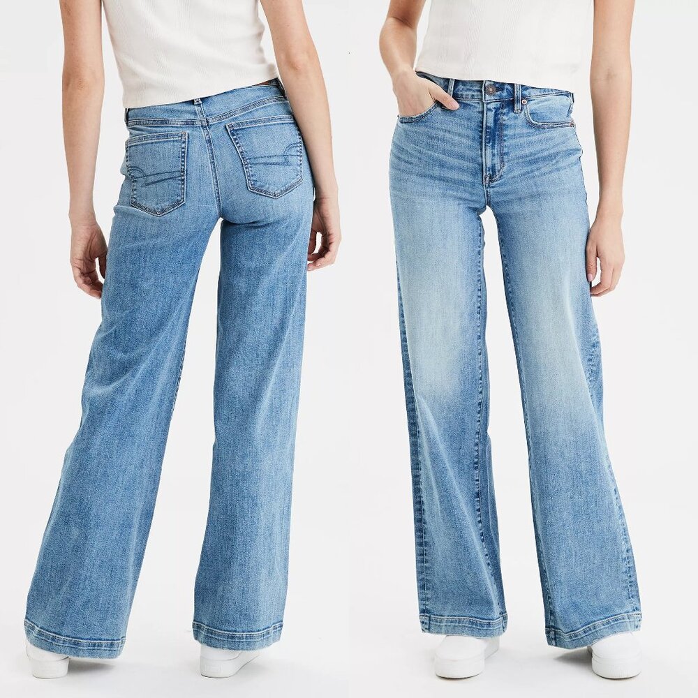 AE American Eagle Super Stretch High Waist Wide-Leg Denim Jeans Extra Long 10